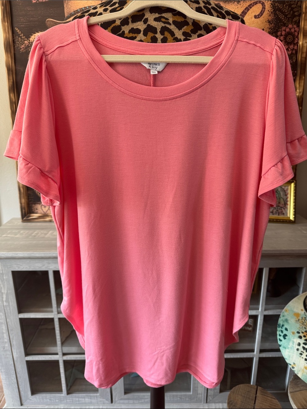 crown & ivy Coral Pink Short Sleeve Ruffle-Sleeve Tee Sz XXL